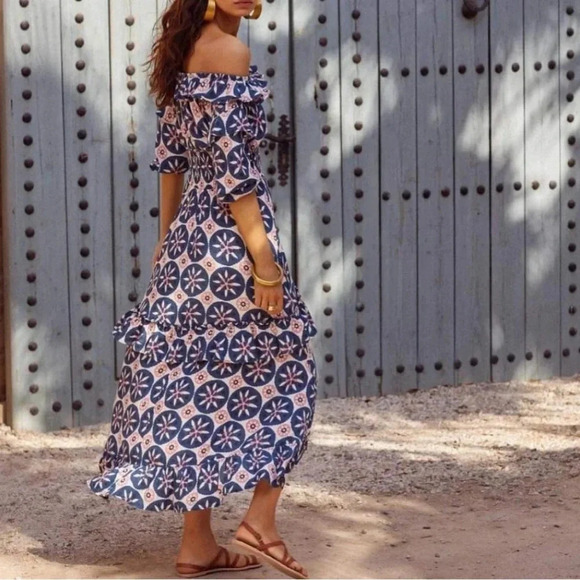 Mister Zimi Dress High Low Off The Shoulder Ruffle Smocked Waist 10 - Picture 3 of 11